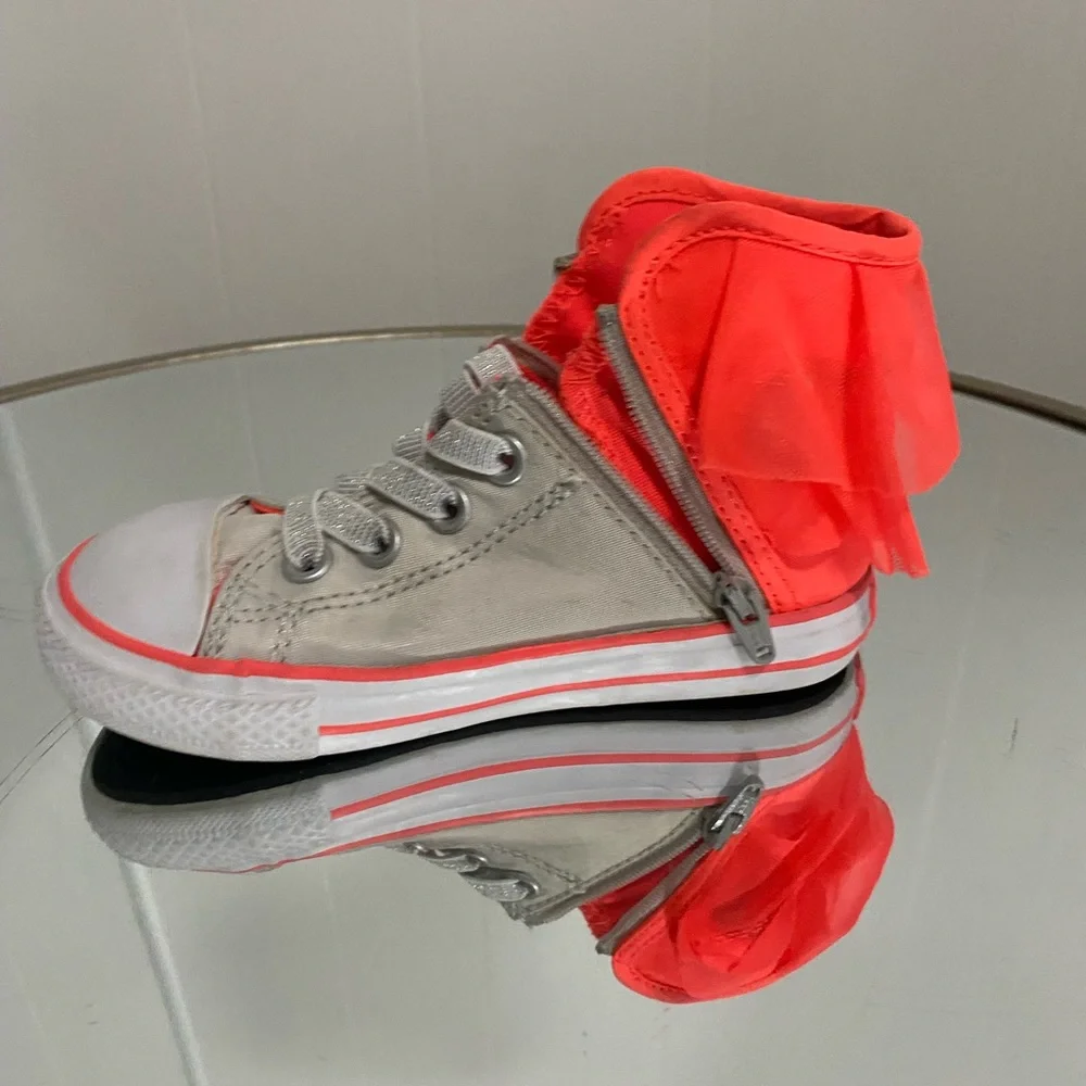 Converse Girls Size 8 Gray Sneakers with Neon Orange Tulle Kids New